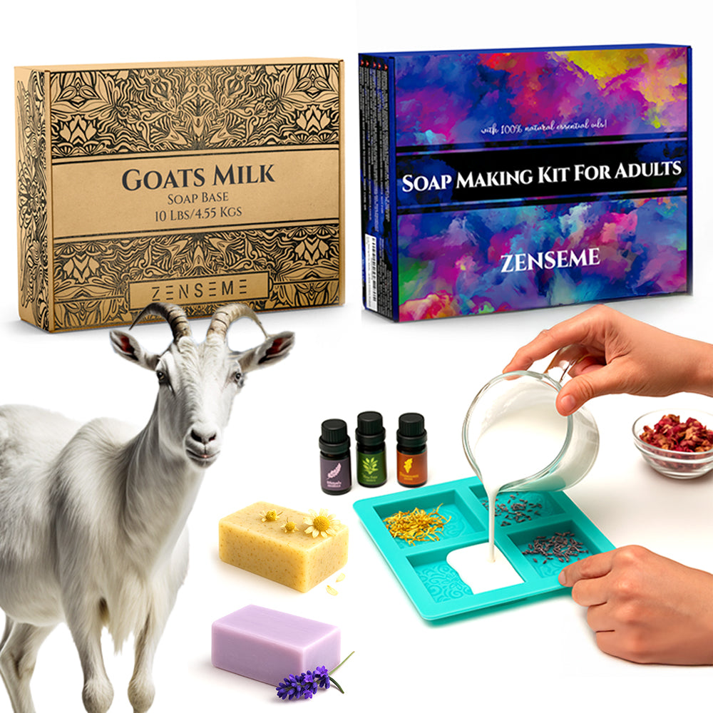 Soap Making Kit for Adults – DIY Melt & Pour Supplies with Goat Milk Soap Base (10 lbs) | Includes 6 Essential Oils, Silicone Mold, Dried Flowers, 4 Colors, 9 Labels | Natural & Organic Ingredients