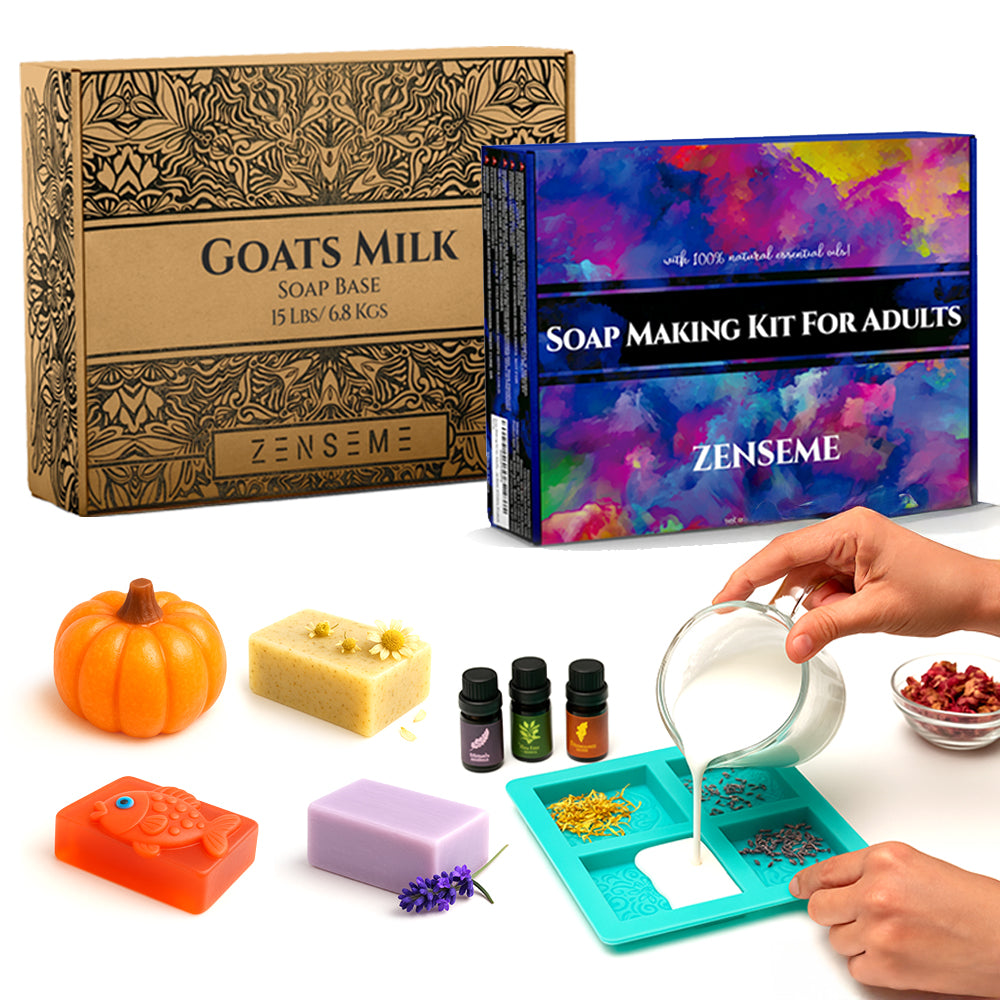 Soap Making Kit for Adults – DIY Melt & Pour Supplies with Goat Milk Soap Base (15 lbs) | Includes 6 Essential Oils, Silicone Mold, Dried Flowers, 4 Colors, 9 Labels | Natural & Organic Ingredients