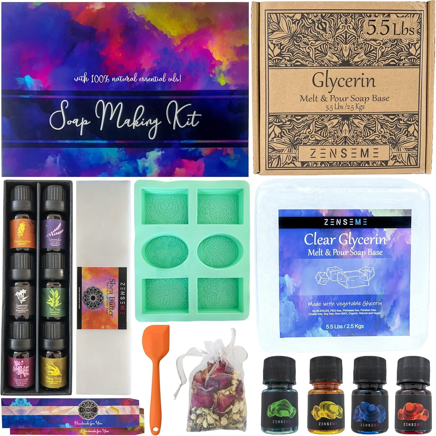 Collection of soap making supplies including a soap making kit, soap base containers, and essential oils.