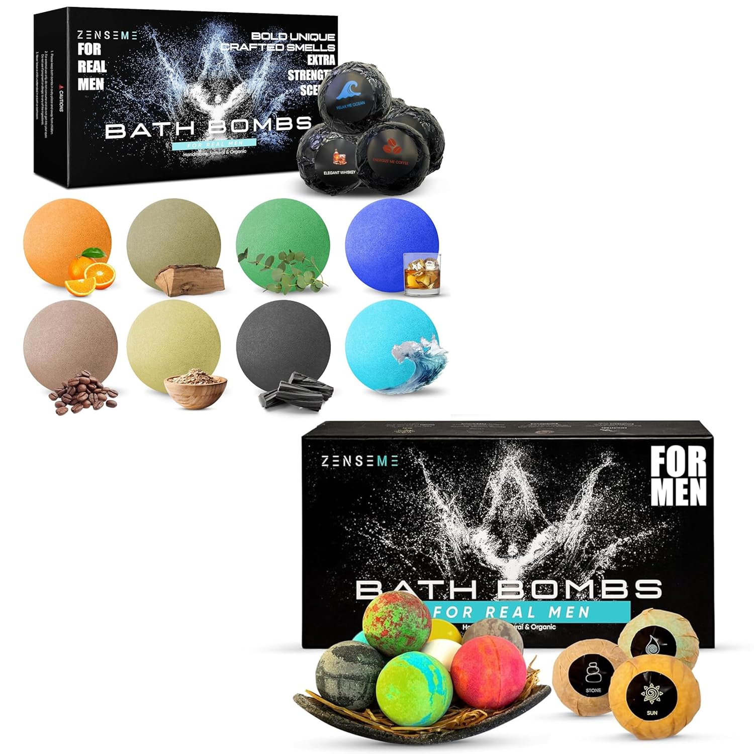 Zenseme bath bombs for men with various scents and packaging