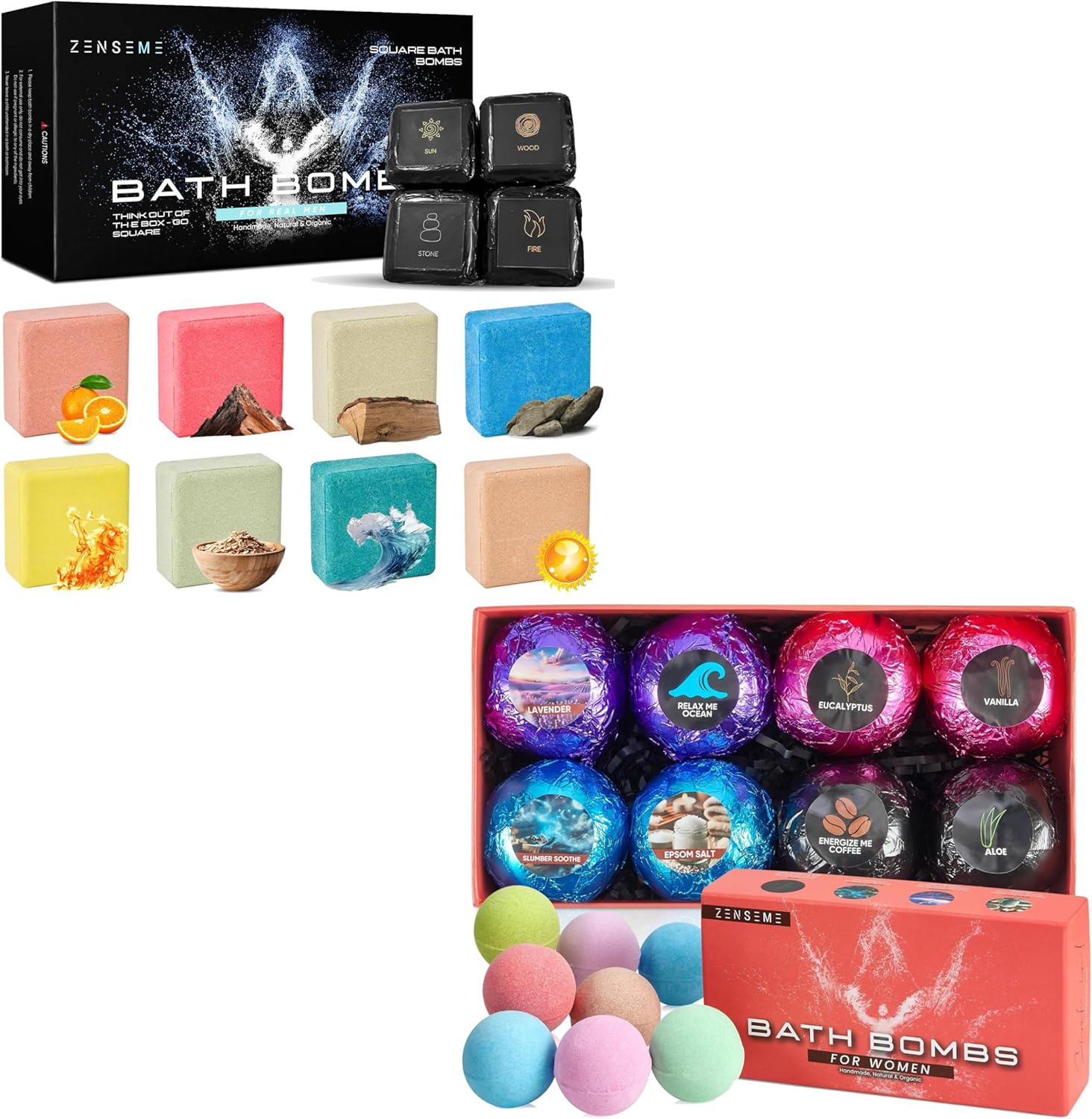 Collection of bath bombs in various scents and packaging