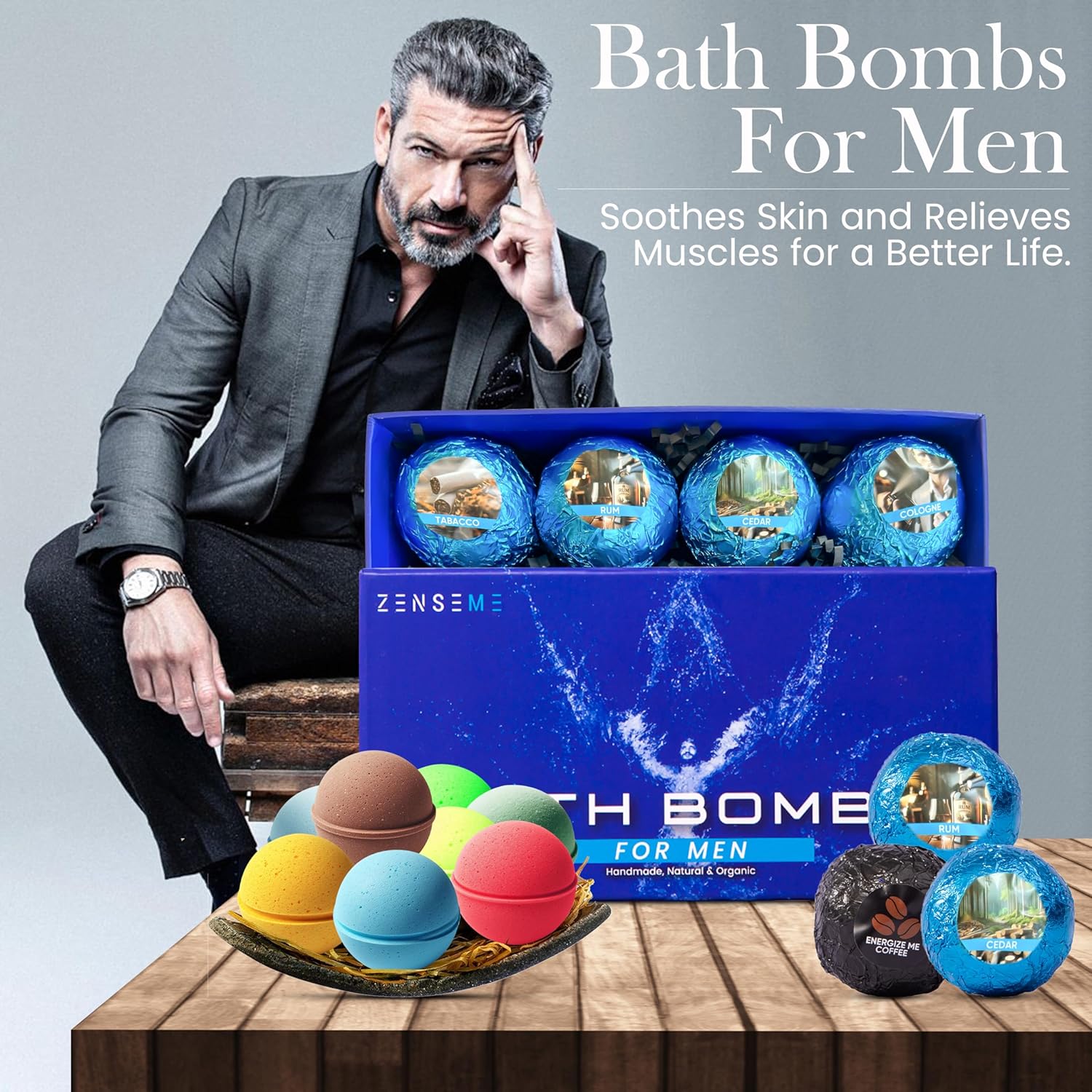 Man sitting next to a box of bath bombs with text about their benefits on a gray background.