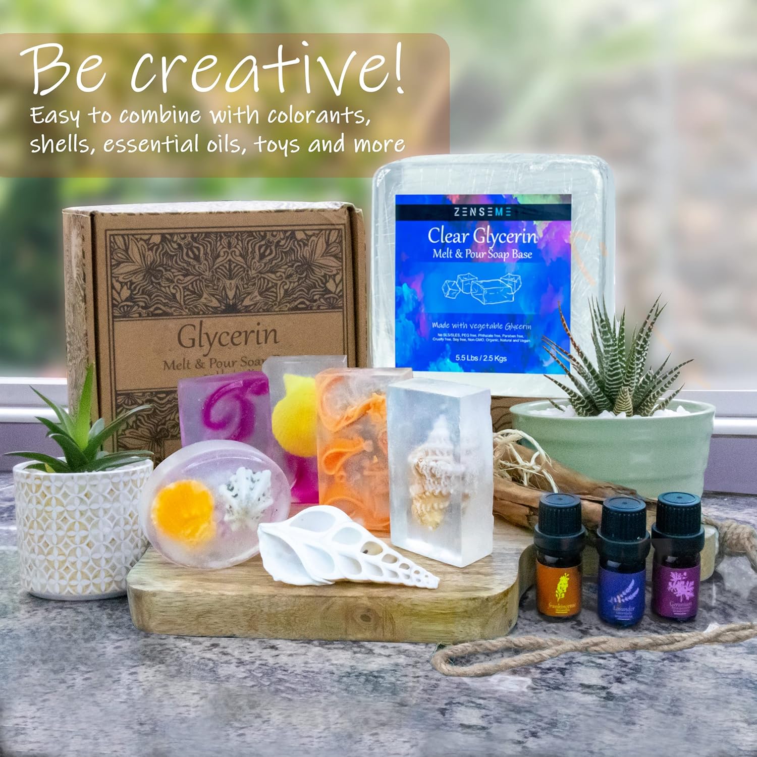 Supplies for soap making including a book, molds, and bottles on a wooden board with a blurred background.