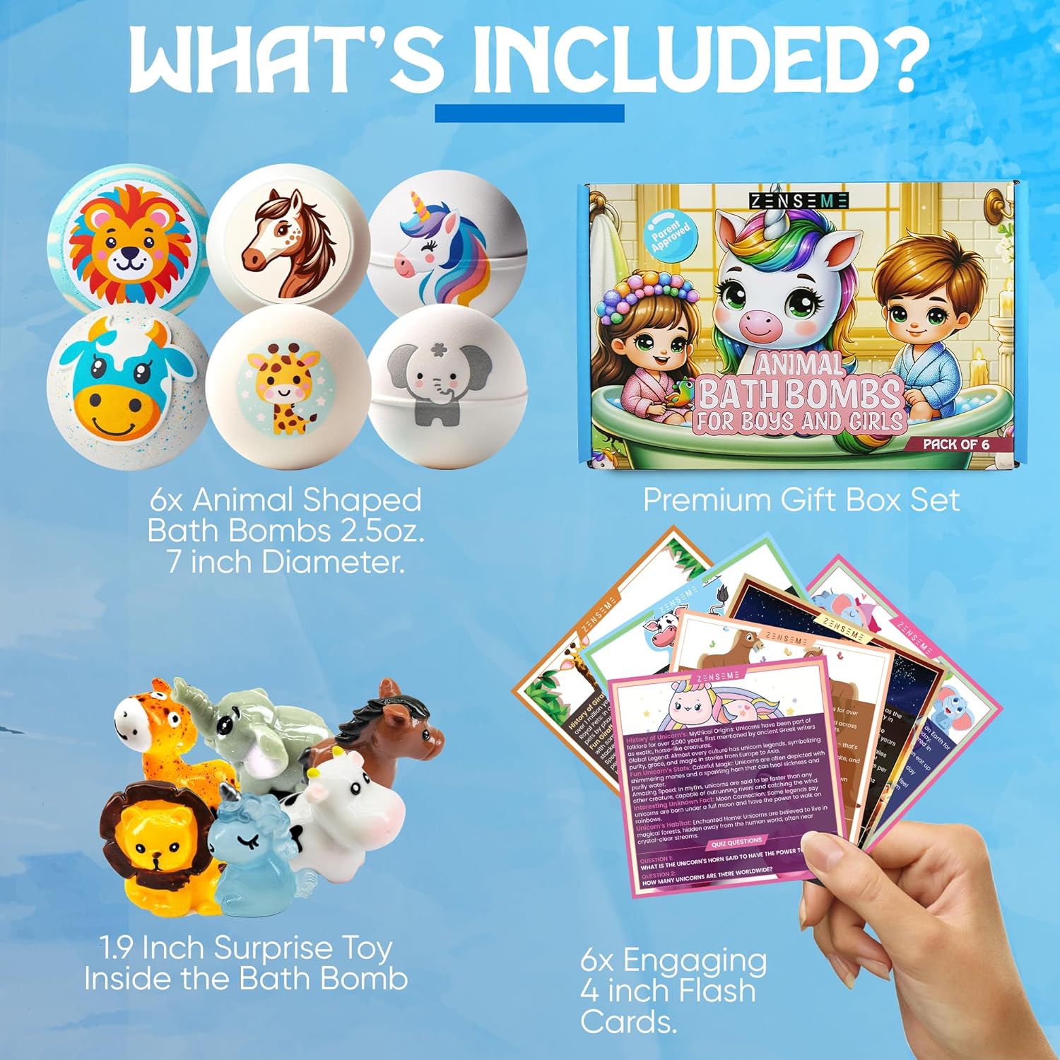 Zenseme Bundle of 12 Kids Bath Bombs with Toys & Flash Cards 