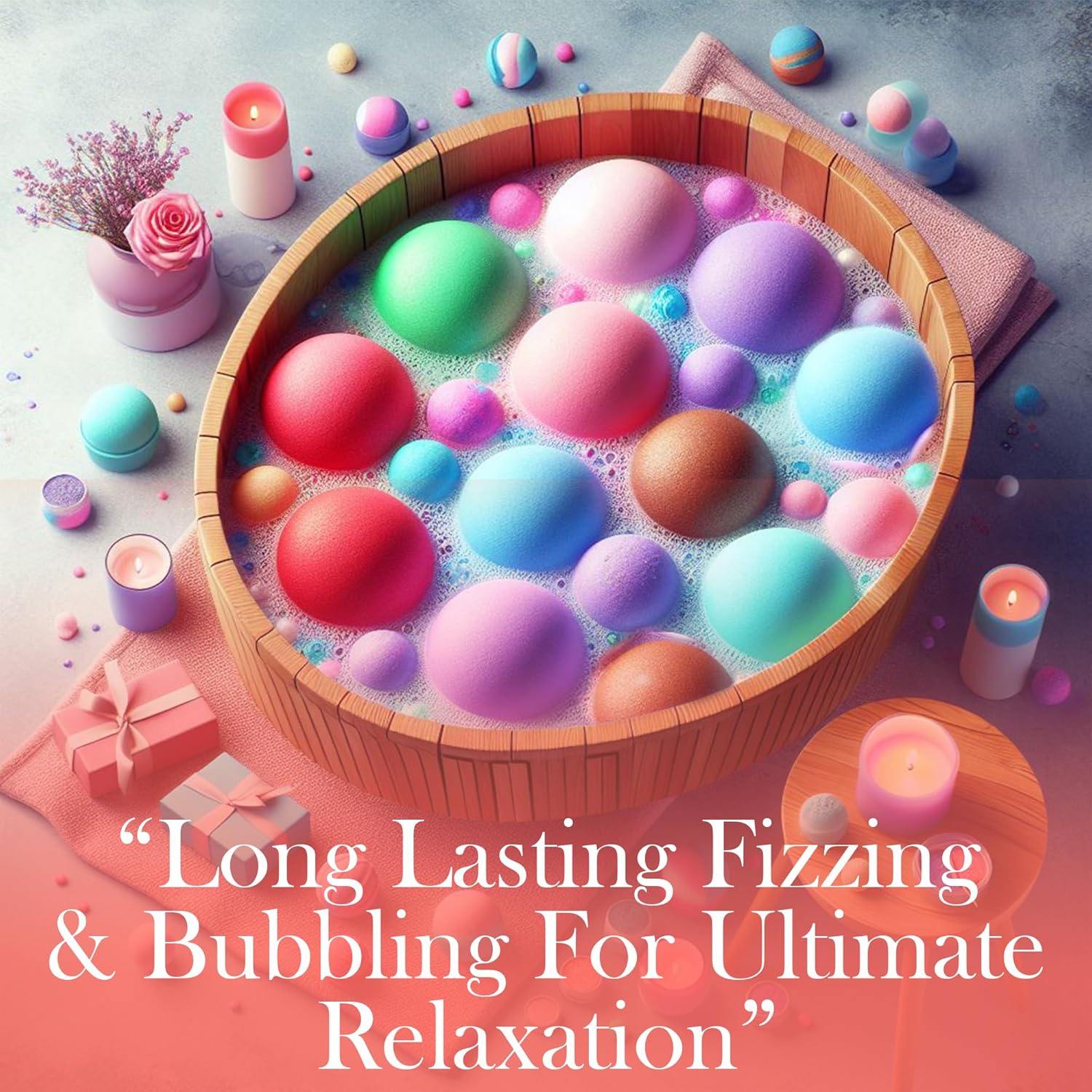 Colorful bath bombs in a wooden basket with candles and flowers