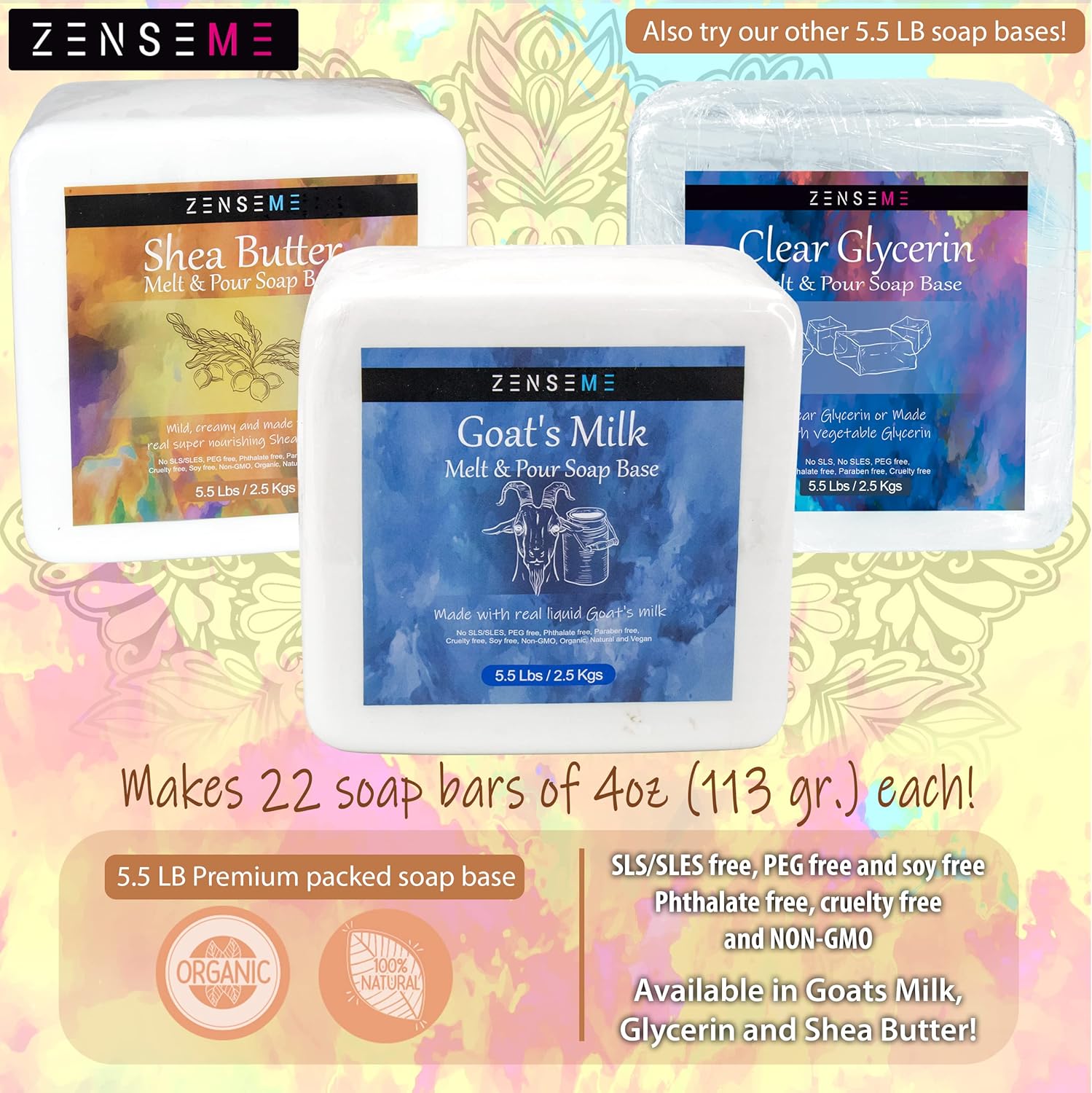 ZENSEME soap base packaging with labels for Shea Butter, Clear Glycerin, and Goats Milk