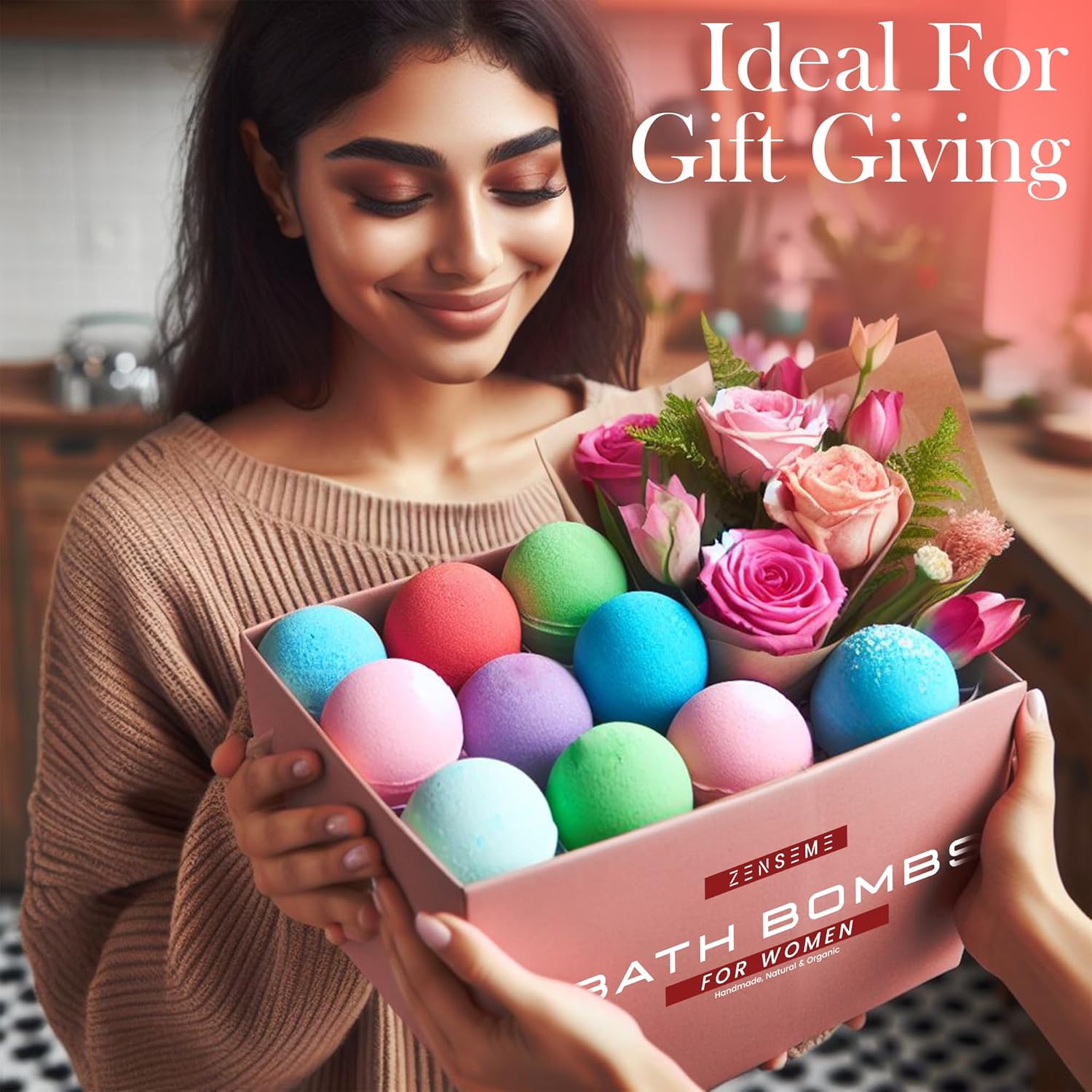 Woman holding a box of bath bombs with flowers, labeled Ideal For Gift Giving