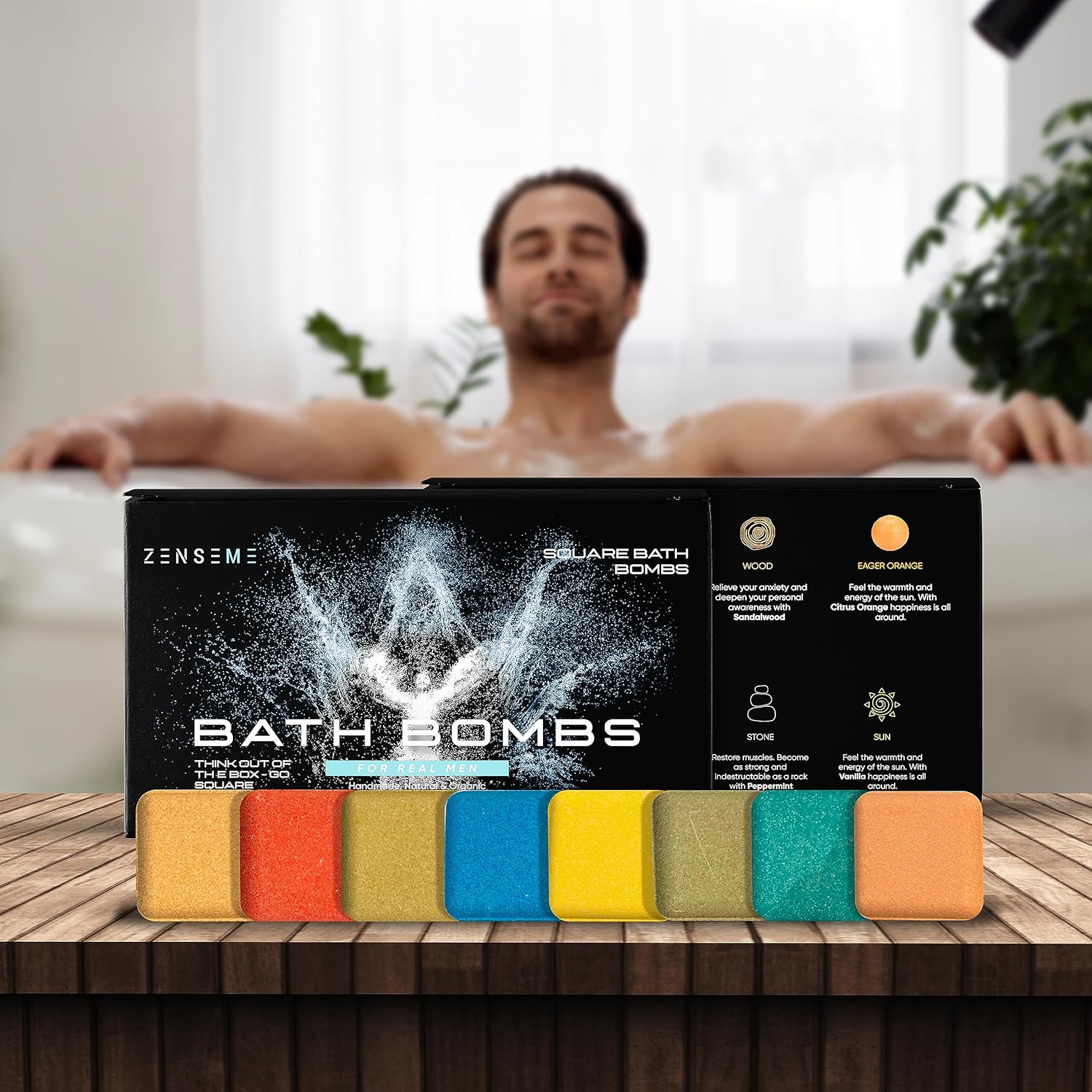 Box of Zensemen bath bombs with a man relaxing 