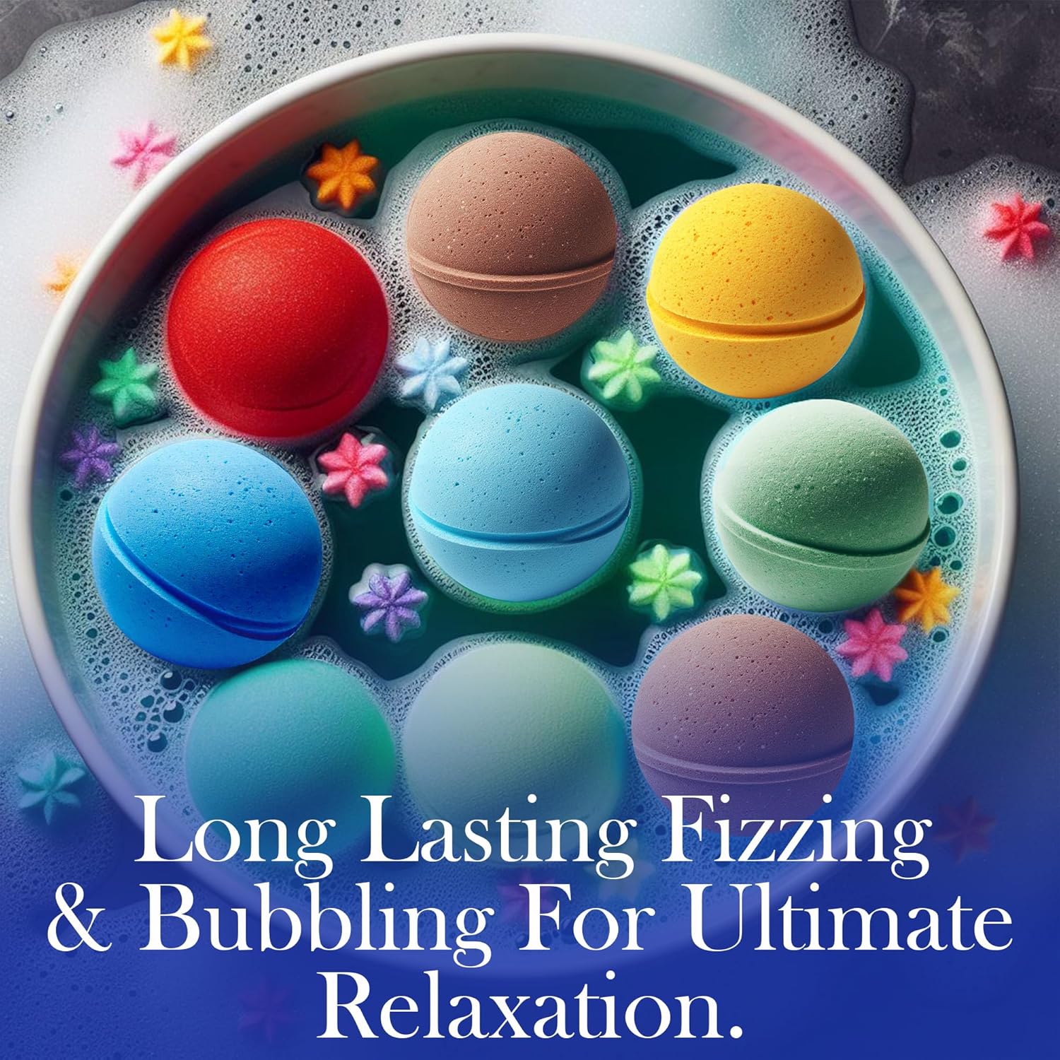 Colorful bath bombs in a bowl with flowers and text about relaxation.