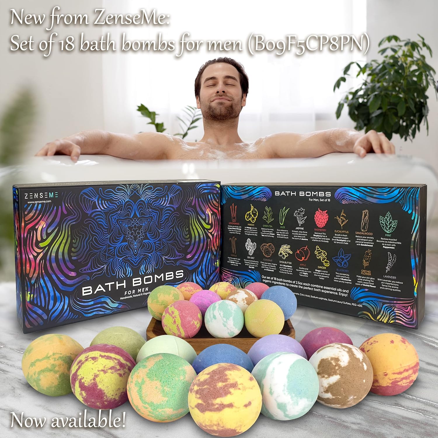 Man in a bathtub with ZenseMe bath bombs and packaging