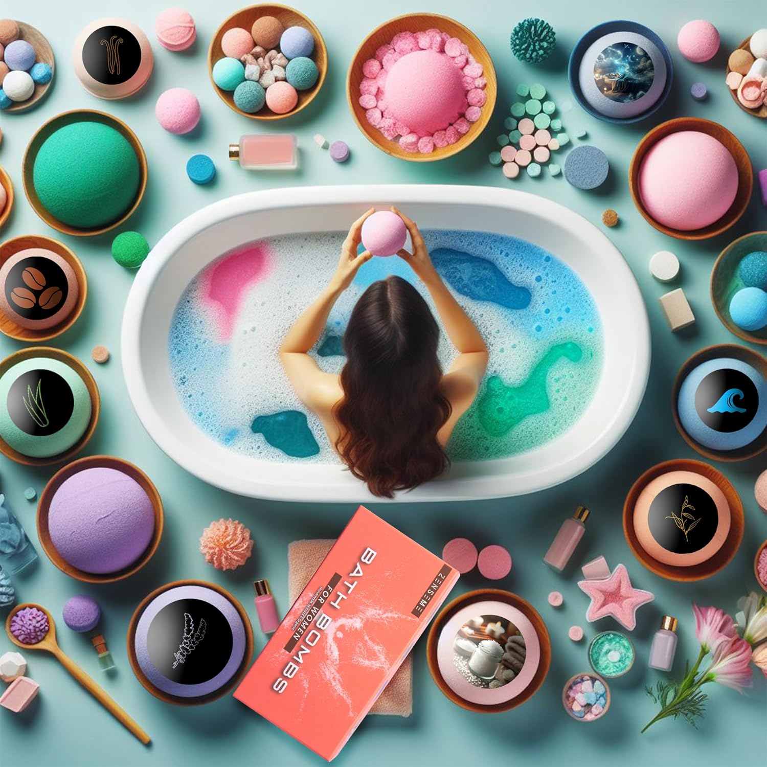 Colorful bath scene with a bathtub filled with bubbles, surrounded by various bath products