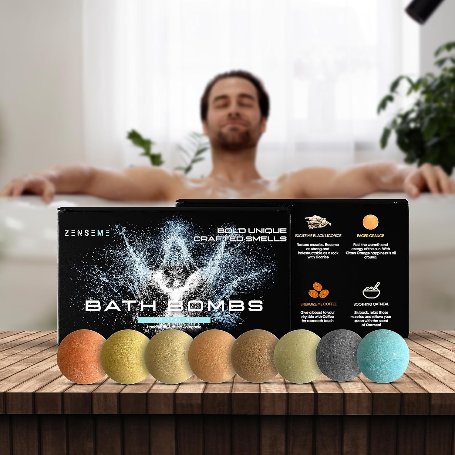 Box of Zenseme bath bombs with a man relaxing 