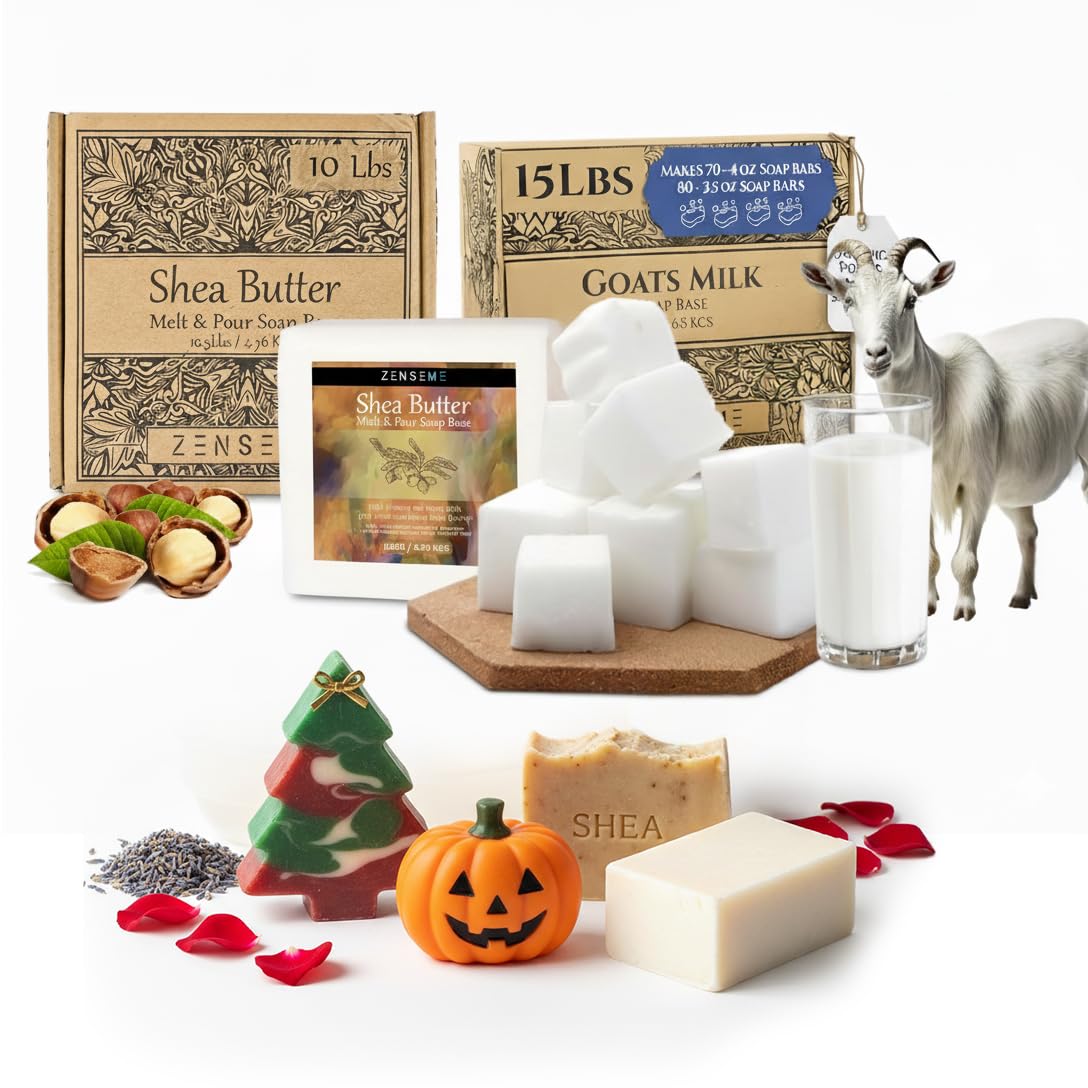 ZenseMe 25 lb Soap Base Bundle: 10 lb Shea Butter + 15 lb Goat’s Milk, Unscented, 100% Natural