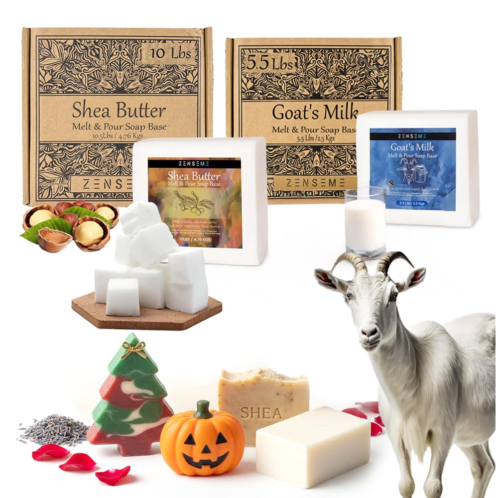 ZenseMe 15.5 lb Soap Base Set: 10 lb Shea Butter + 5.5 lb Goat’s Milk, Unscented, 100% Natural