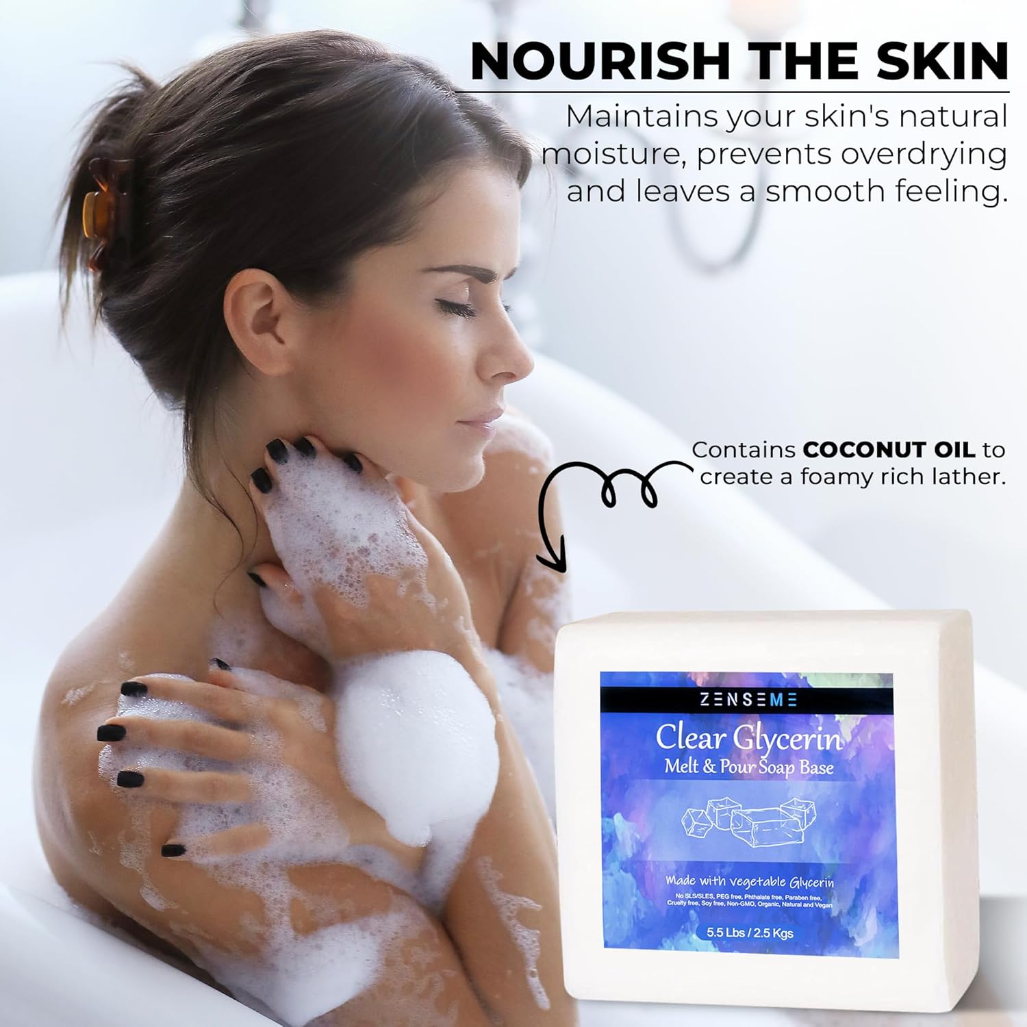 Woman in a bathtub with soap suds, Zensme soap base packaging displayed.