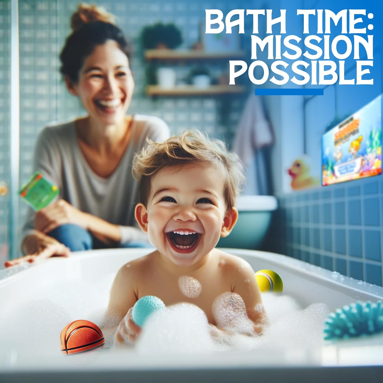 Child in a bathtub with toys and a smiling adult, with text 'Bath Time: Mission Possible' above.