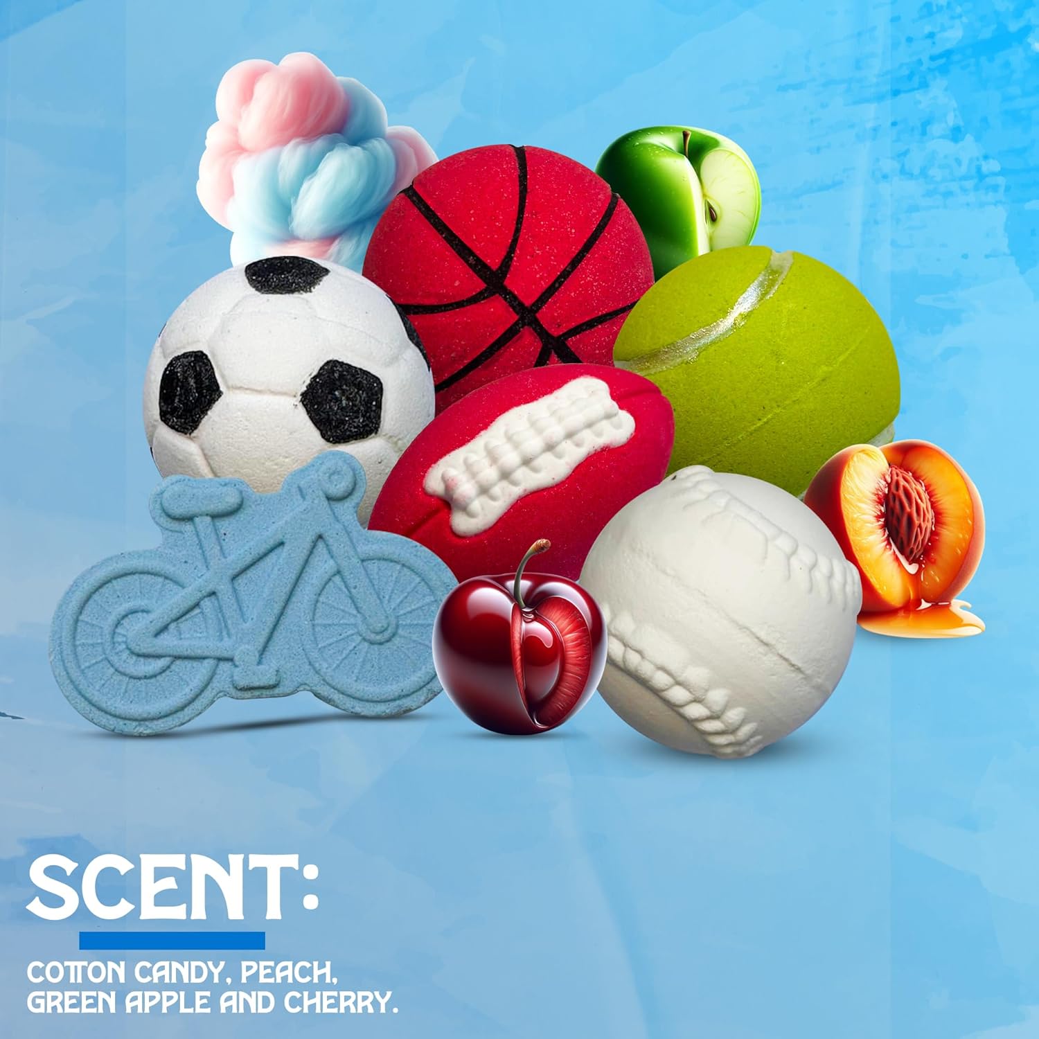 Colorful scented toys shaped like sports balls and a bicycle on a blue background with 'SCENT' branding.