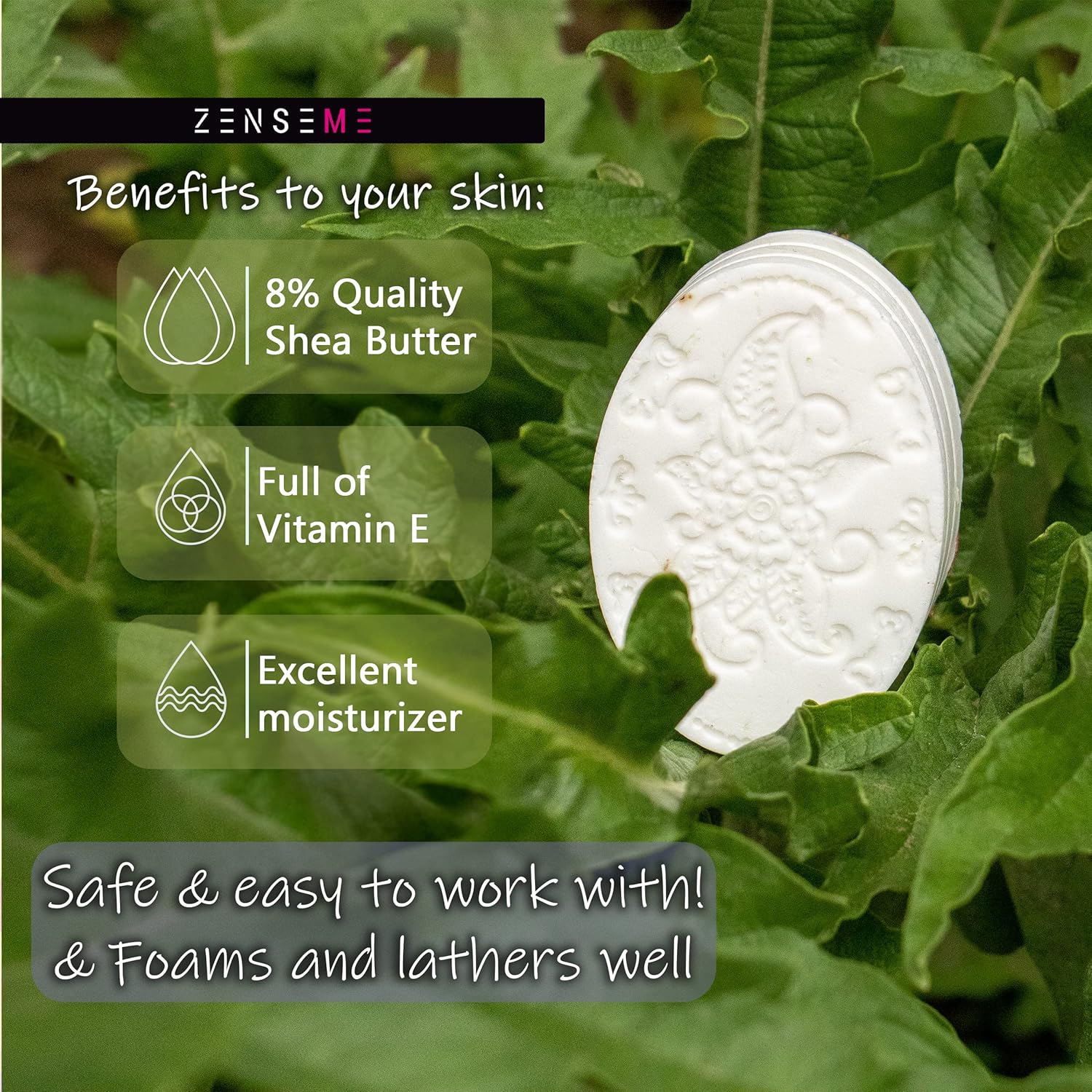 White bar of soap on green leaves with text highlighting benefits