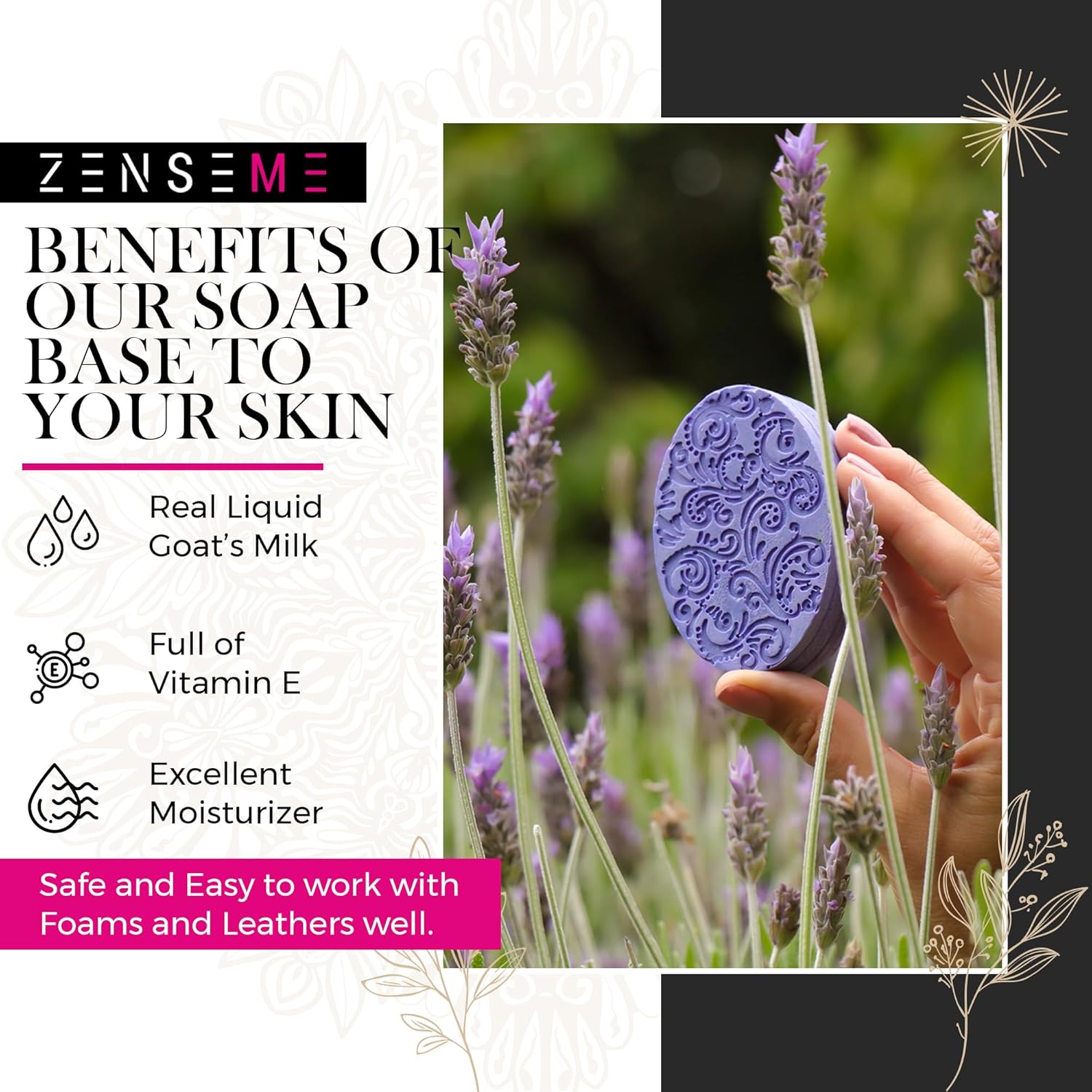 Purple soap bar held by a hand with lavender flowers in the background, featuring Zenseme branding and product benefits.