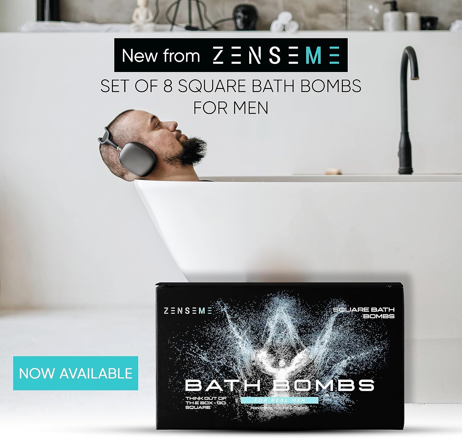 Advertisement for Zenseme bath bombs with a man relaxing in a bathtub.