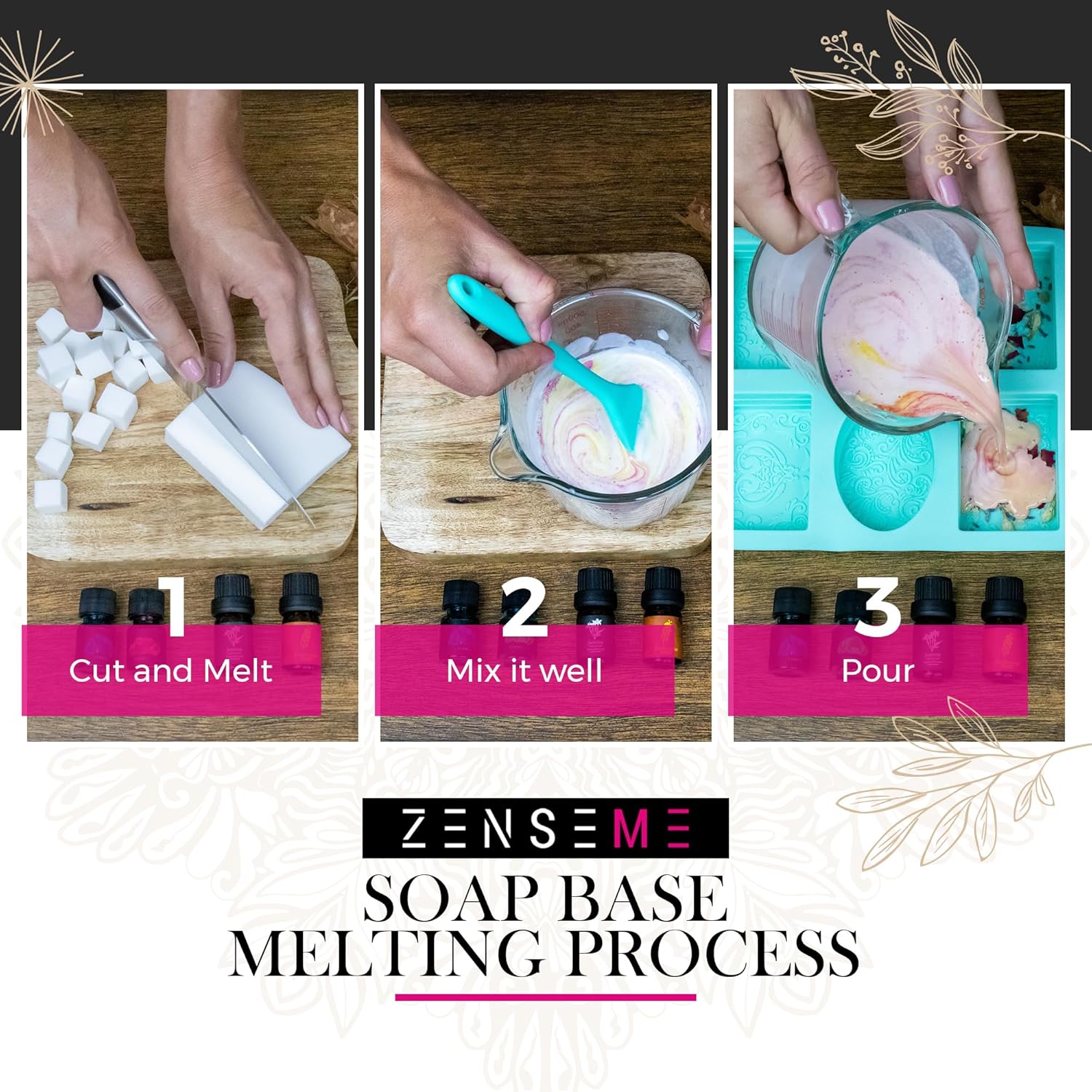 Step-by-step process of soap base melting with ZENSEME branding.