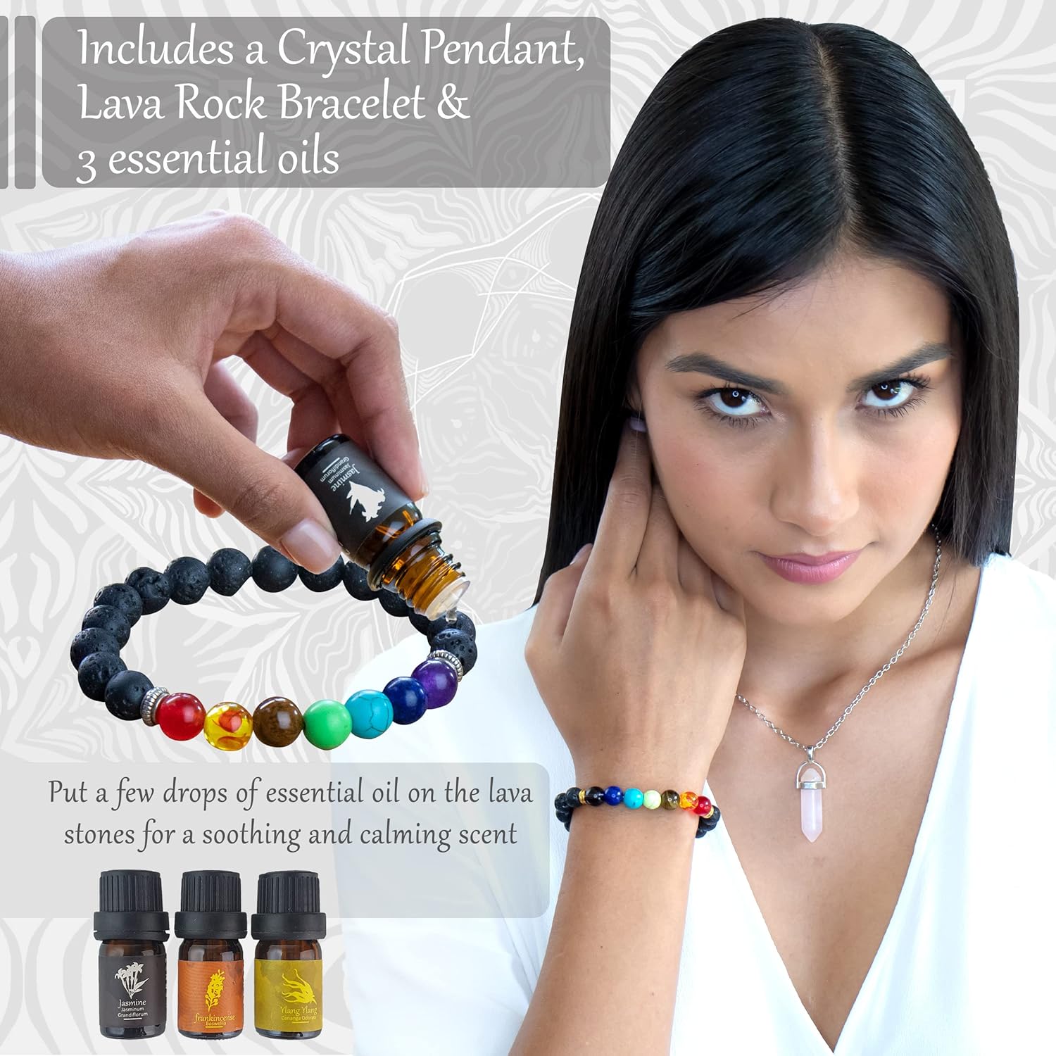 includes a crystal pandant lava rock bracalet and 3 essential oils 
