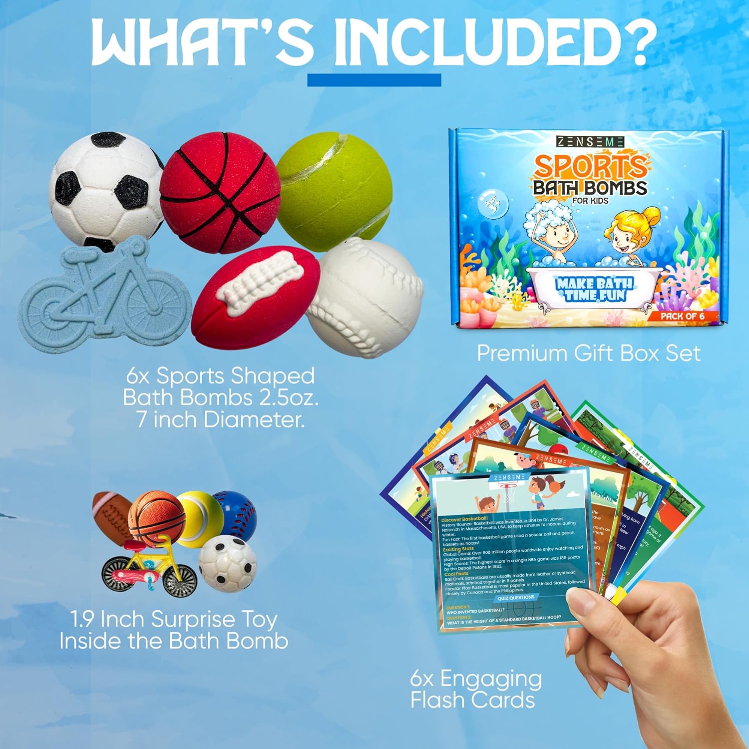 Sports-themed bath bomb set with flash cards and surprise toy on a blue background