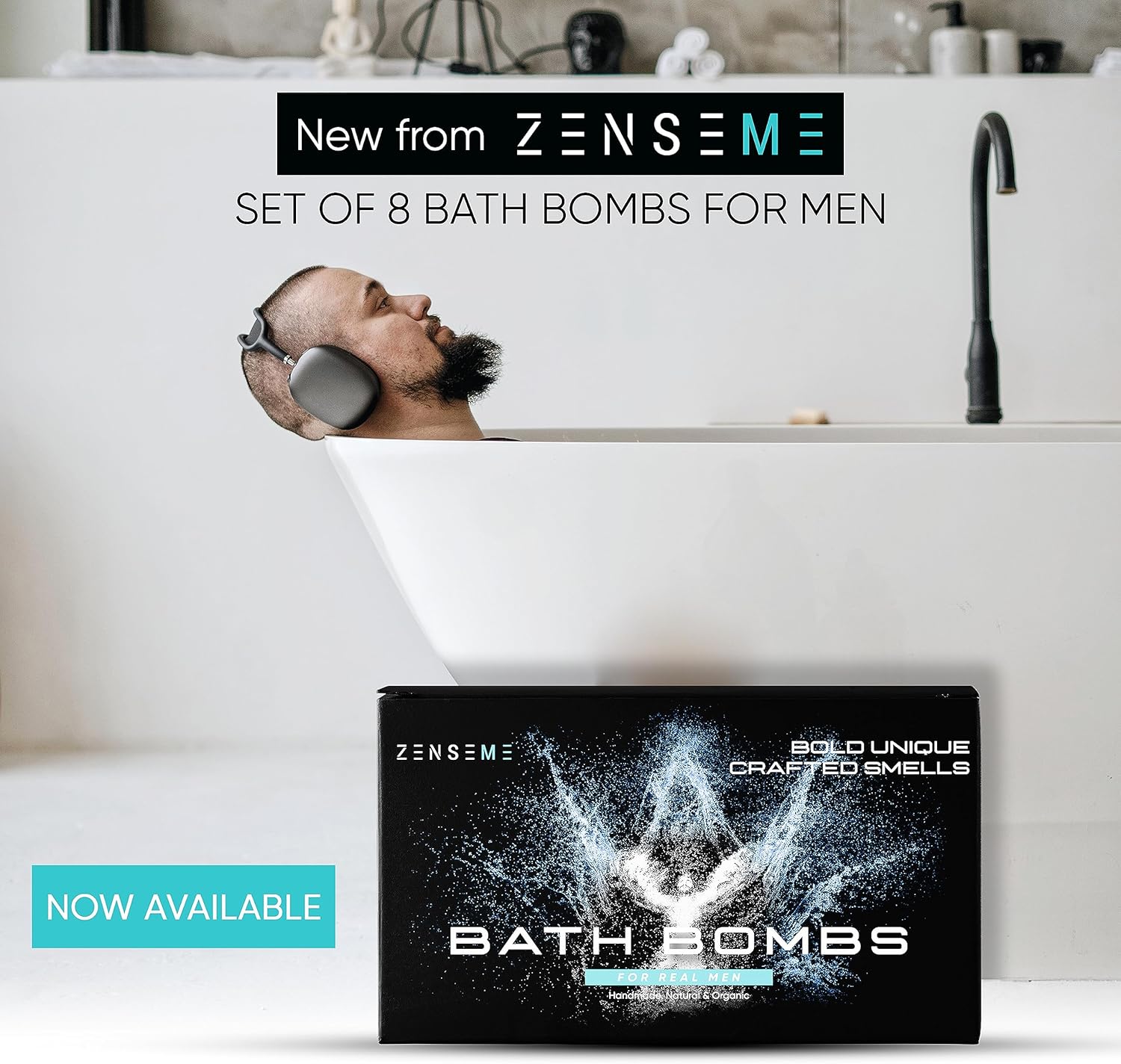 Advertisement for Zenseme bath bombs with a man relaxing in a bathtub.