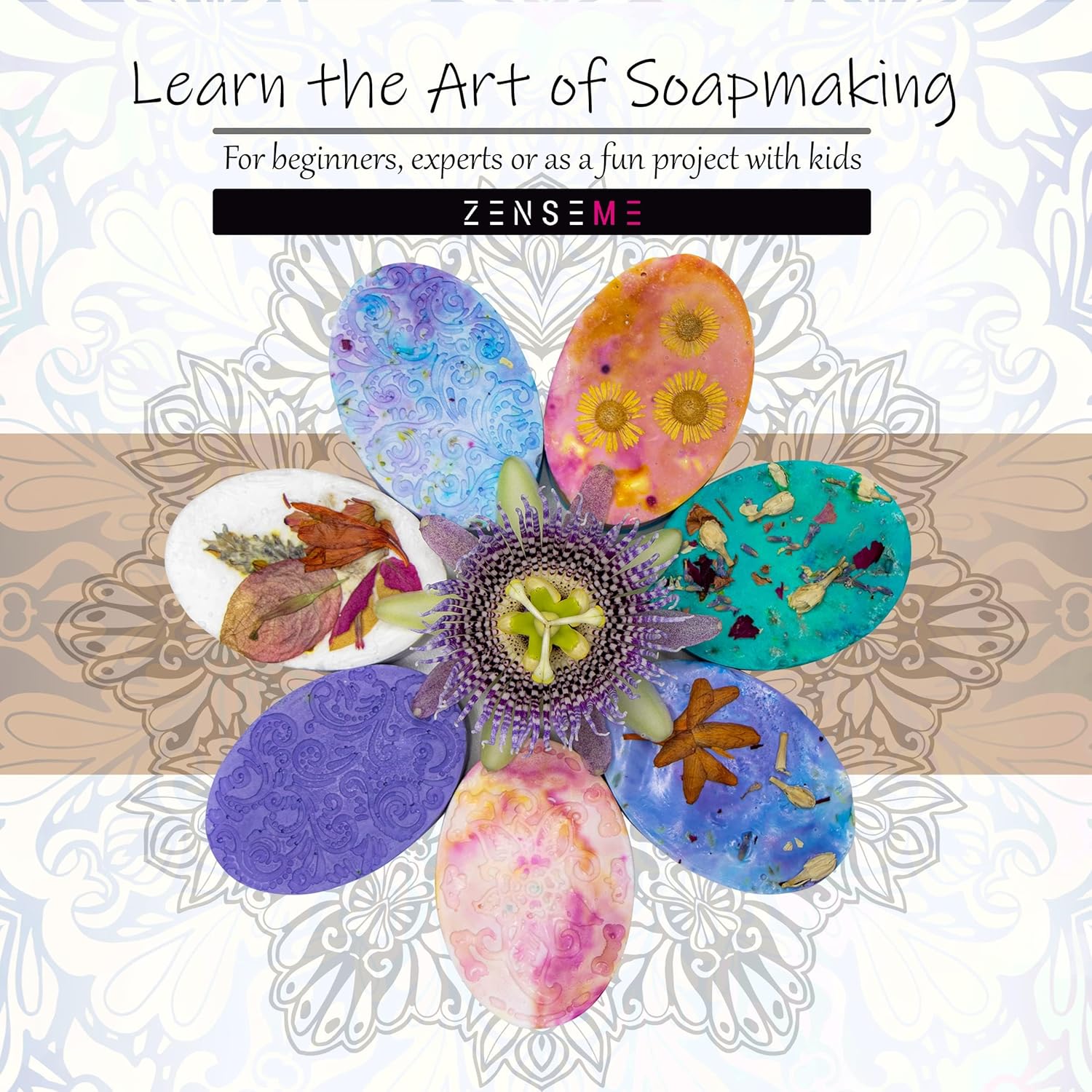 Colorful soap flower with natural elements promoting soapmaking with ZENSEME.