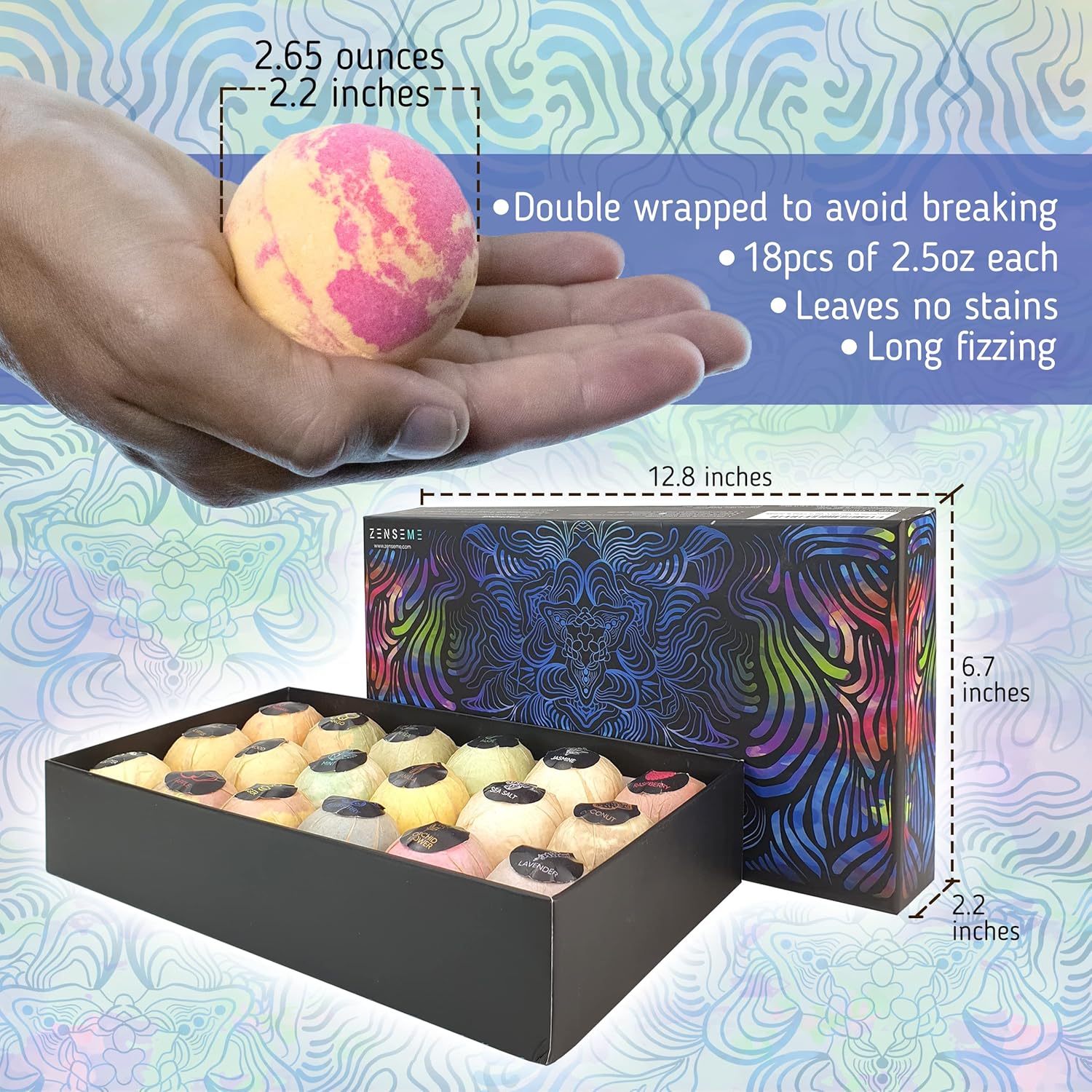 Bath bomb in a hand with packaging and product details on a colorful background