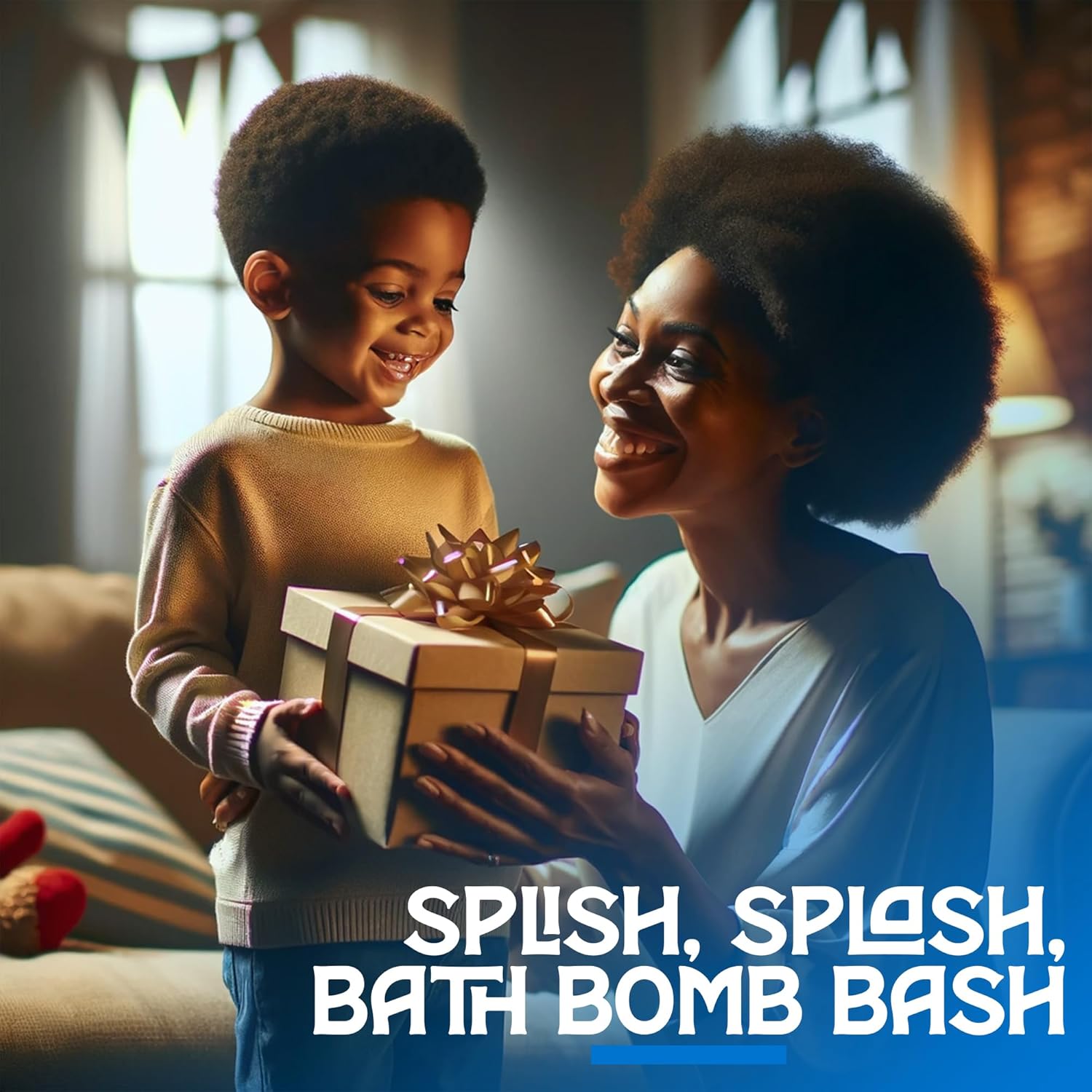 Woman and child holding a gift box with 'Splish, Splash, Bath Bomb Bash' text.